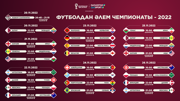 Футболдан әлем чемпионатының «Qazaqstan» және «Qazsport» арналарындағы көрсетілім кестесі